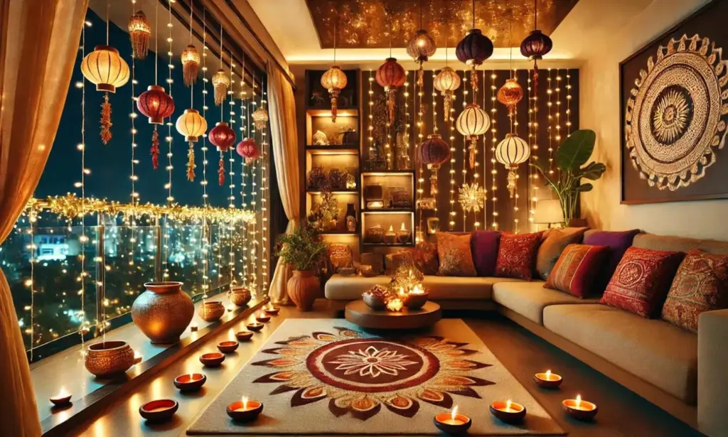 Homes decorated with rangoli, diyas and puja items for Diwali celebrations.