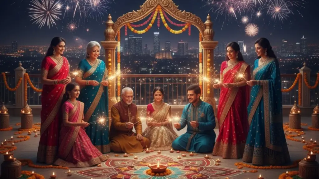 Families celebrating Diwali 2025 with evening diyas and Lakshmi Puja rituals.