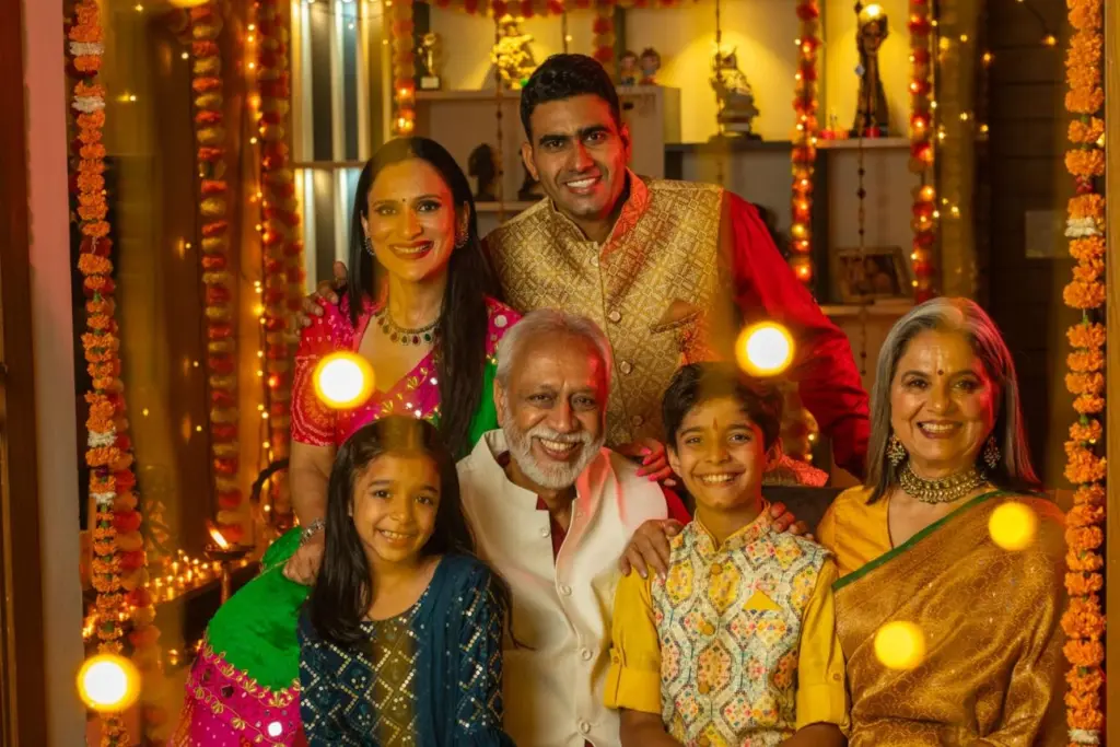 Families celebrating a peaceful and traditional Diwali evening together at home.
