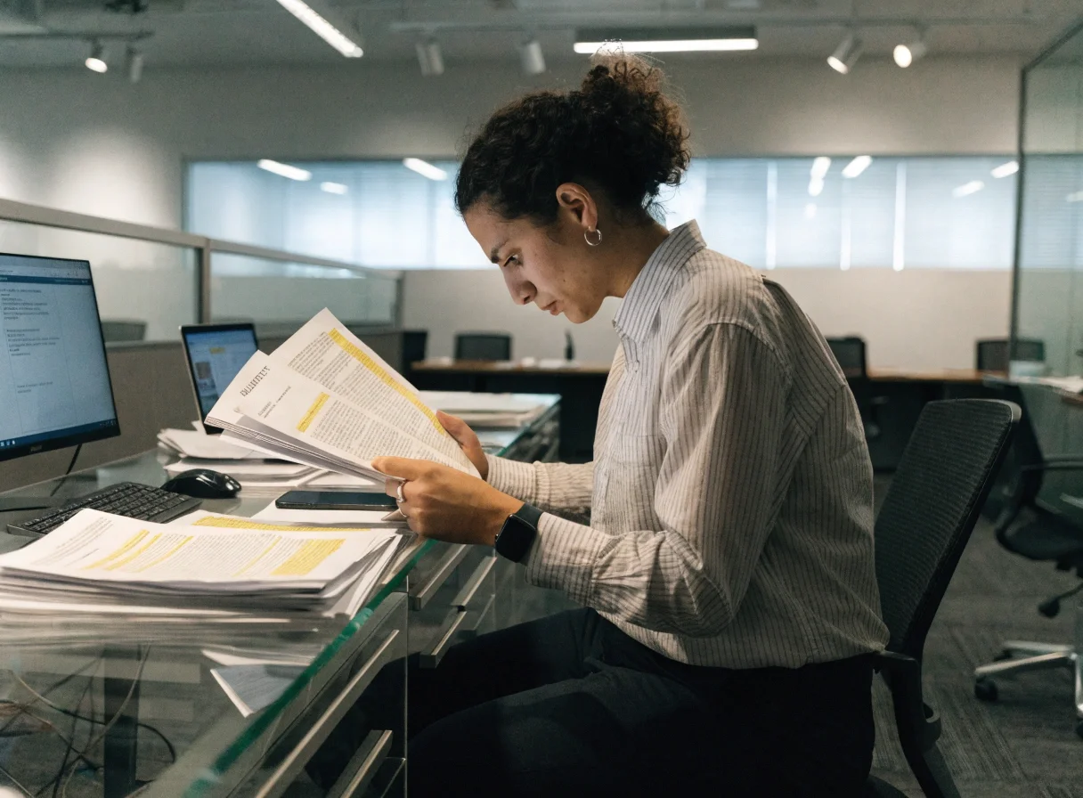 Journalist reviewing official documents and budget papers