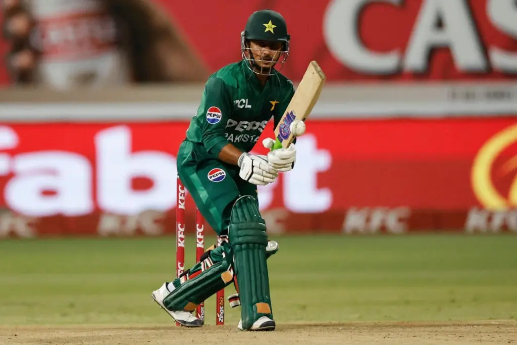 Pakistan batters building a competitive T20 innings through steady scoring partnerships.