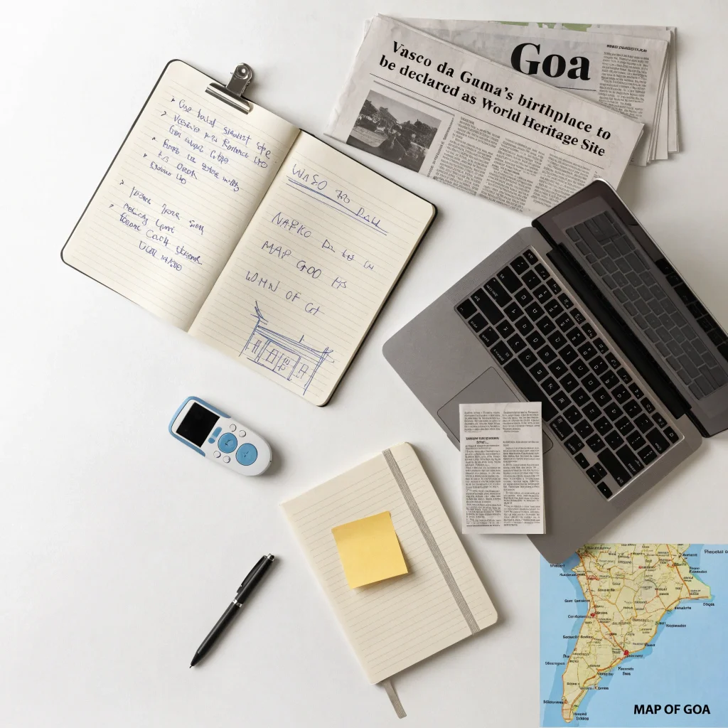 Journalist desk with newspapers, a Goa map, and editorial notes